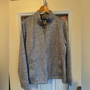 Lands’ End Fleece Zip-Up Jacket, Gray and White Herringbone, Size Large (14-16)